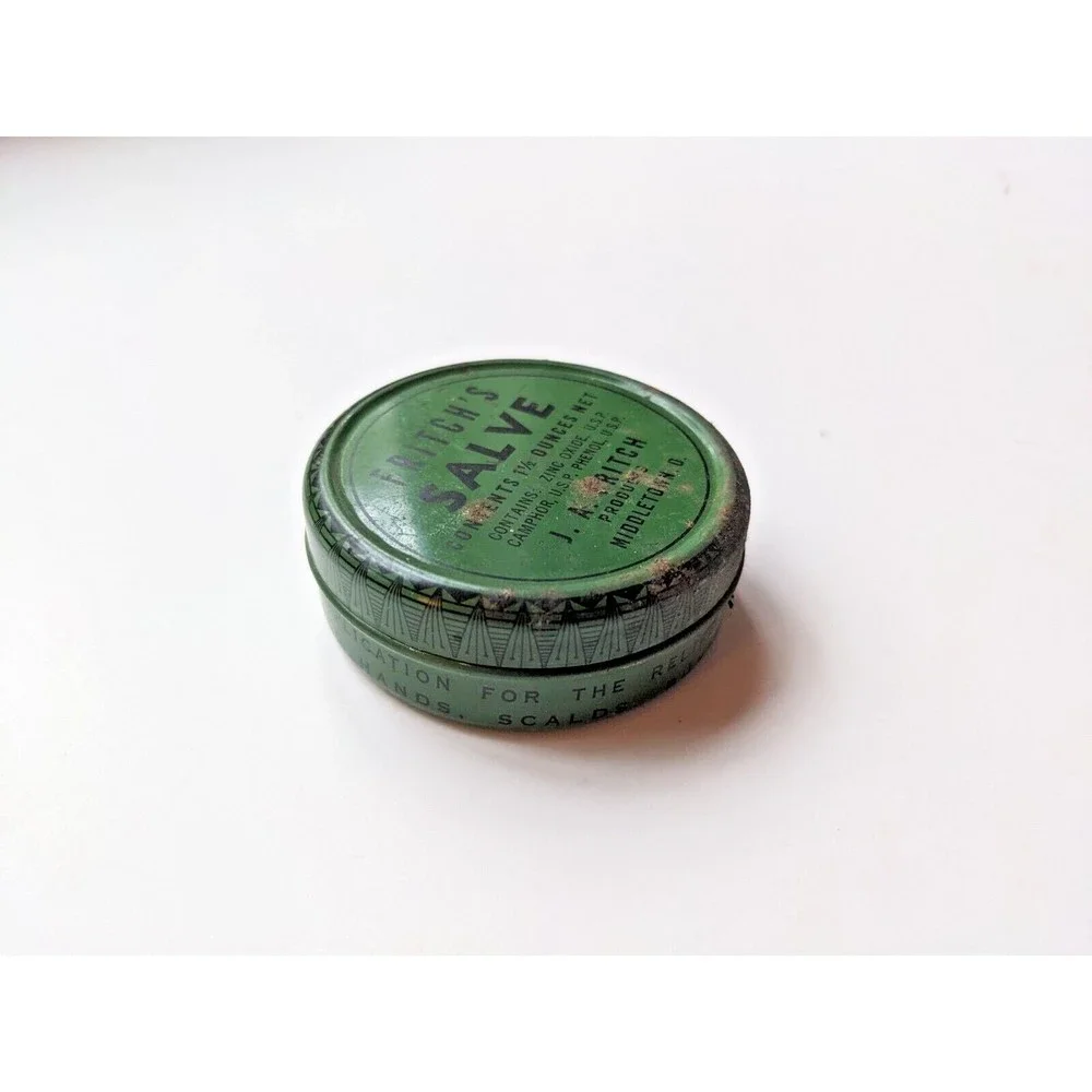 Vintage Fritch's Salve Tin‎ Medicine Container J.A. Fritch Middletown OH Camphor